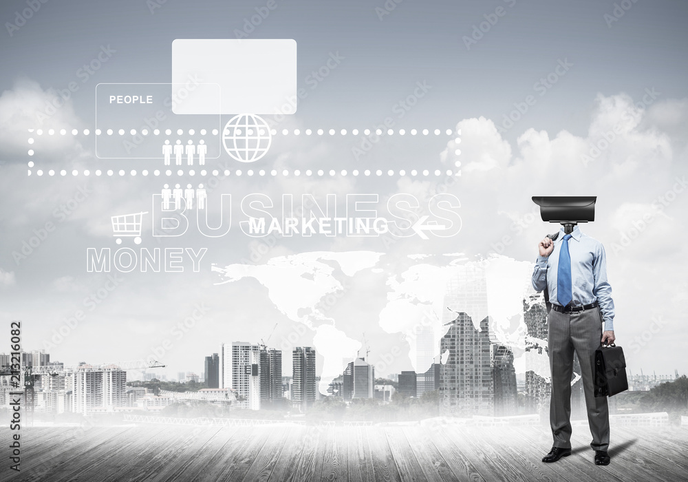 Camera headed man standing on wooden floor against modern citysc Camera headed man standing on wooden floor against modern citysc