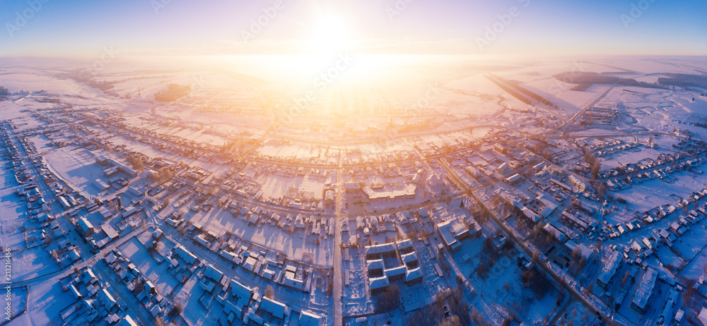 Aerial view of a Russian village during winter