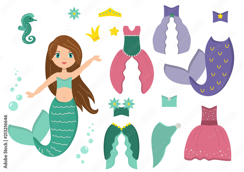 Dress up game for kids. Mermaid paper doll with clothes and seahorse