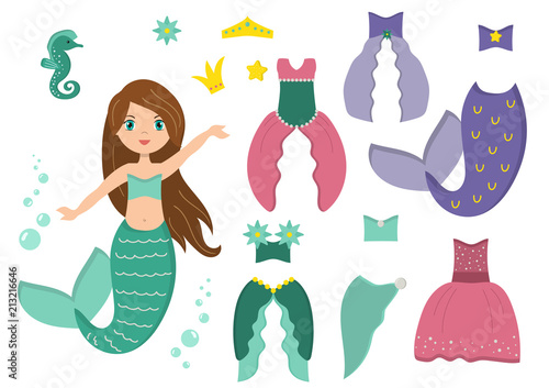 Dress up game for kids. Mermaid paper doll with clothes and seahorse pet. Vector illustration