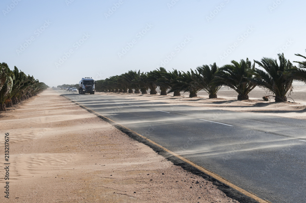 Sandstorm on the Trans Kalahari Highway / Sandstorm on the Trans-Kalahari Highway between Walvis Bay and Swakopmund, Namibia, Africa.