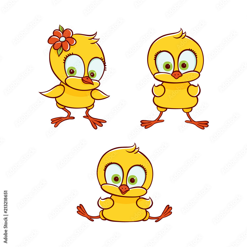Obraz premium vector flat cute baby chicken yellow small funny chick set. run Bird animal characters standing with flower in hair, sitting, isolated illustration on a white background kids design object.