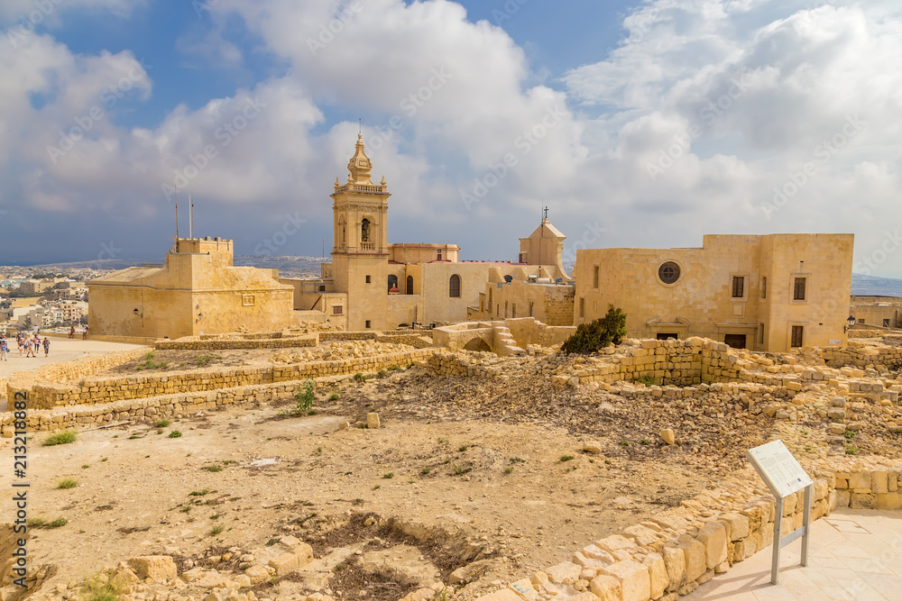 Victoria, the island of Gozo, Malta. City buildings inside the Citadel and the bell tower