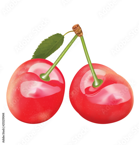 Cherries with leaves. 3D illustration