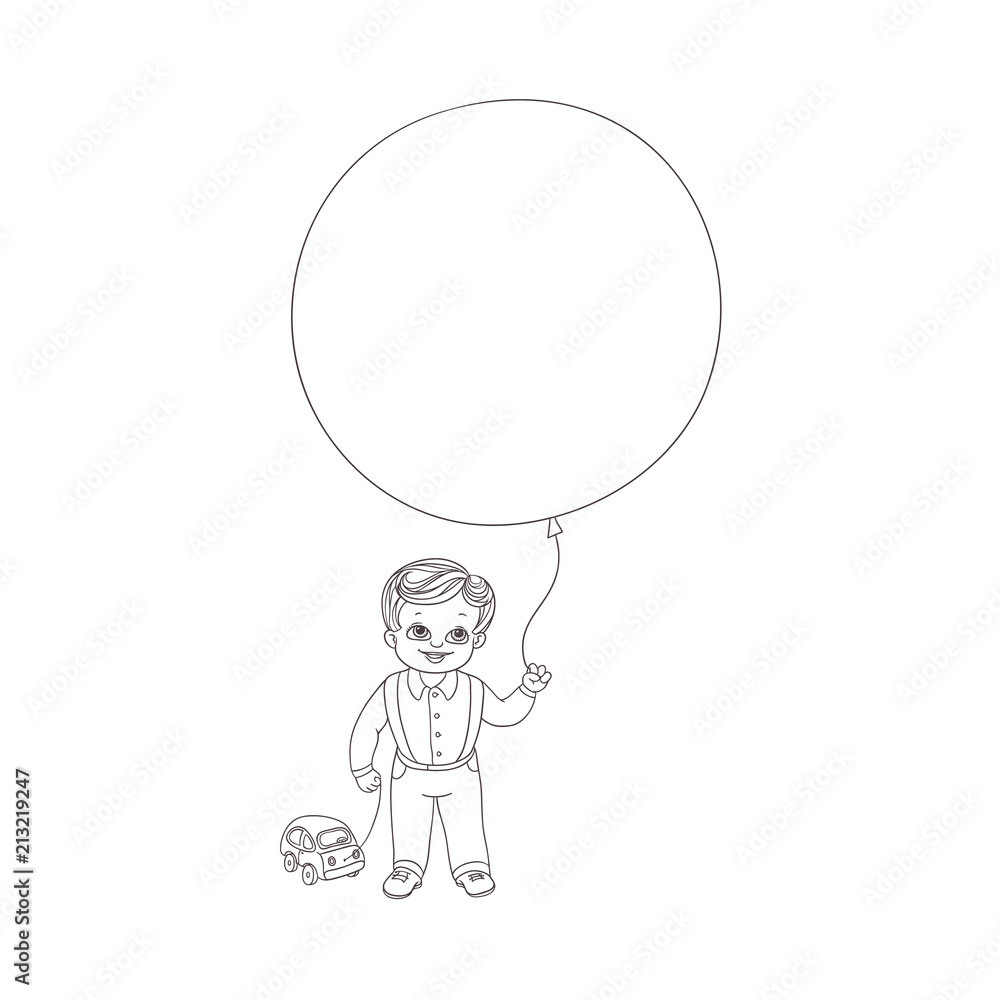 Vector flat sketch little boy child standing holding big air balloon car toy smiling. Happy male kid character celebration party invitation card coloring book design. Isolated monochrome illustration Vector flat sketch little boy child standing holding big air balloon car toy smiling. Happy male kid character celebration party invitation card coloring book design. Isolated monochrome illustration