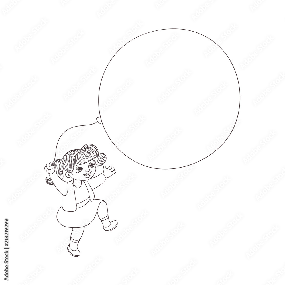 Vector flat sketch little girl child jumping big air balloon summer dress smiling. Happy female kid character celebration party invitation card coloring book design. Isolated monochrome illustration Vector flat sketch little girl child jumping big air balloon summer dress smiling. Happy female kid character celebration party invitation card coloring book design. Isolated monochrome illustration