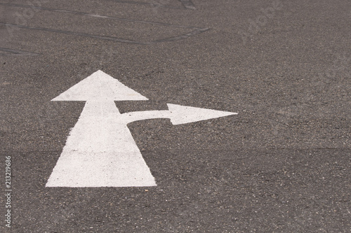 A two way arrow symbol on a black asphalt road surface.