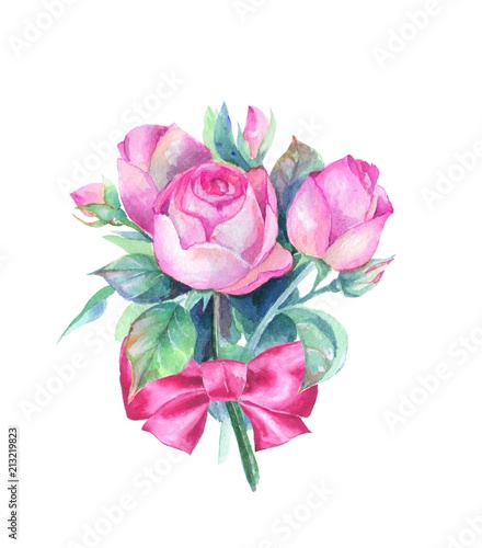 Watercolor bouquet. Roses and bow. Isolated on white background