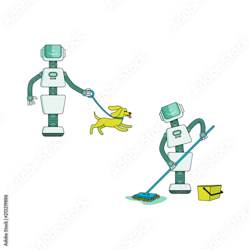 Robot doing housework set - android washing floor with wet mop and walking dog with collar isolated on white background. Cartoon characters of robotic home assistant. Vector illustration.