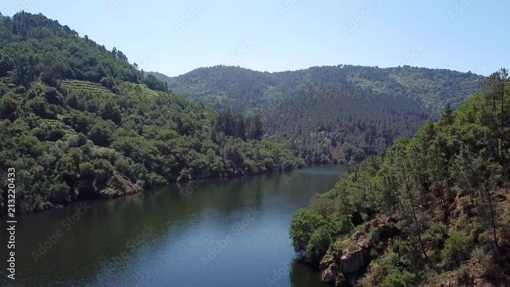 ribeira sacra, aérea con viñas y bosques a la orilla del río miño,montañas en el horizonte ribeira sacra, aérea con viñas y bosques a la orilla del río miño,montañas en el horizonte