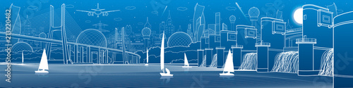 City infrastructure panoramic illustration. Big bridge across river. Hydroelectric Power Station. Sailing yachts on water. White lines on blue background. Vector design art