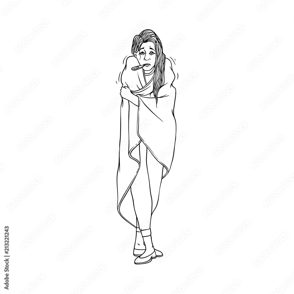 Young woman with cold and flu symptoms stands covered with blanket and measures body temperature with thermometer in mouse. Black and white hand drawn illness female character. Vector illustration.