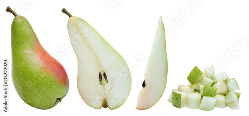 Whole pear, half, slice and diced over white