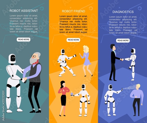Flat fuman robots interaction banner set. Bot assistant help old man, dancing with women, providing medical diagnostics. Data science , artificial intelligence machine learning Vector illustration