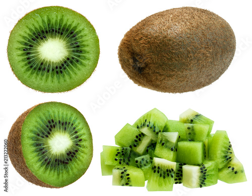 Whole kiwi, half, slice and diced over white