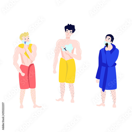 Vector flat men towel bathrobe hair removal set. Characters hairy legs removing hair from chest, neck, cheeck shaving with razor epilator. Female hygiene health skincare concept. Isolated illustration