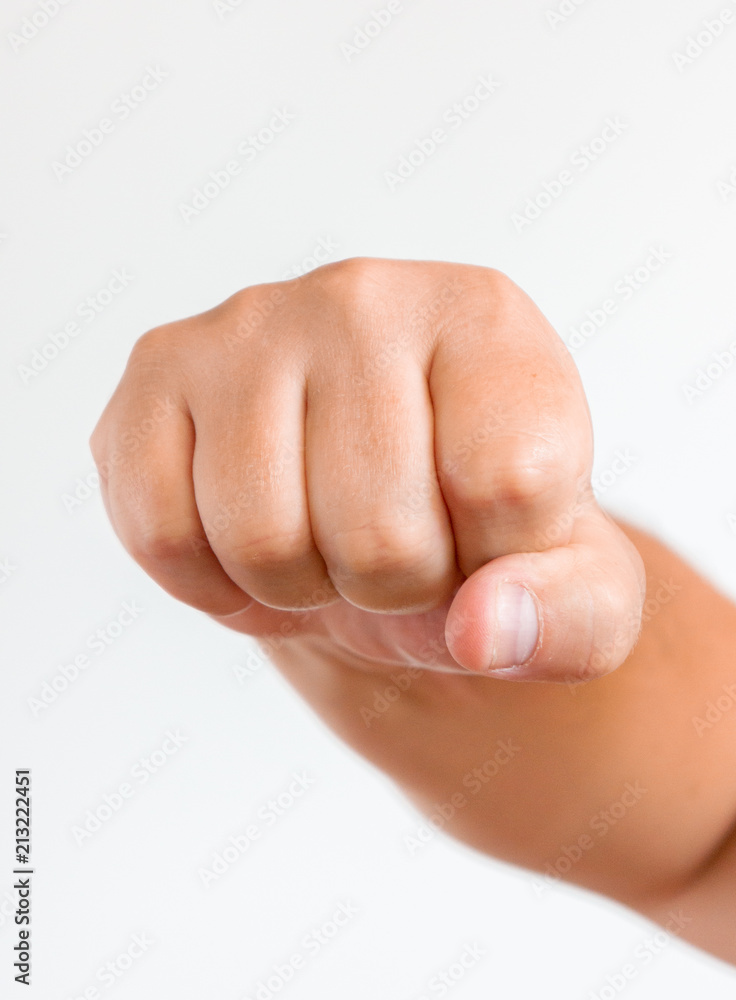 Hand gesture. Man clenched fist, ready to punch, close-up, copy space Stock  Photo | Adobe Stock