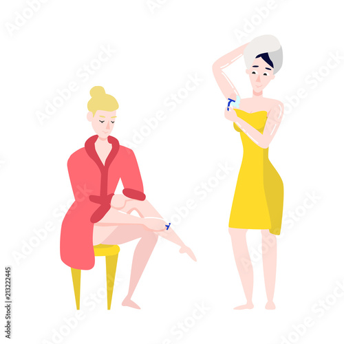Vector flat girls in bathrobe, towel removing hair from armpit, leg with razor epilator set. Woman hygiene, health skincare, cosmetics concept. Isolated illustration, white background.