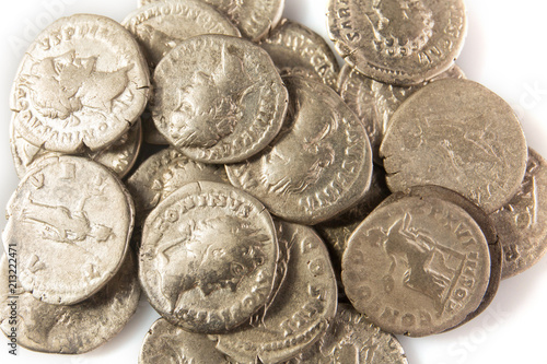 Roman denarius lie on a white background, the era of the Antonines, Marcus Aurelius, Antoninus Pius, Commodus, Caesar photo