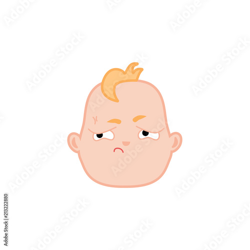 Cartoon baby face with offended expression. Flat unhappy infant boy kid dissatisfied facial emotion, newborn irritated child icon. Vector illustration for childish design on isolated background