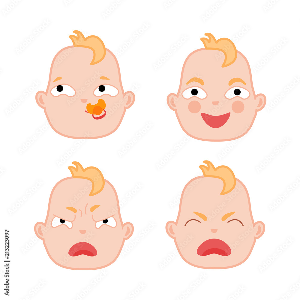 Cartoon baby face expression set. Flat infant boy kids happy smiling, pensive worried angry facial emotion, newborn child pacifier icon. Vector illustration for childish design on isolated background Cartoon baby face expression set. Flat infant boy kids happy smiling, pensive worried angry facial emotion, newborn child pacifier icon. Vector illustration for childish design on isolated background