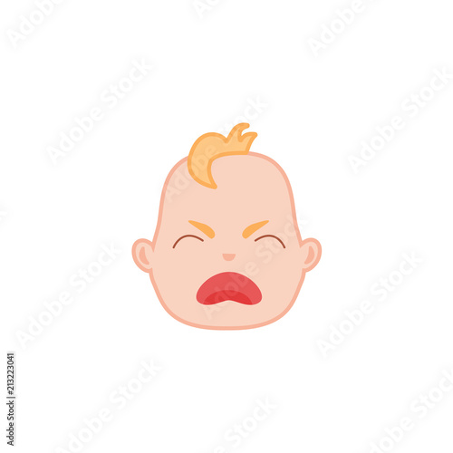 Cartoon baby face with crying expression. Flat unhappy infant boy kid disappointed emotion, newborn child sad icon. Vector illustration for childish design on isolated background