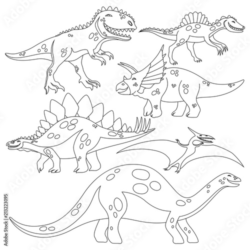 Beautiful coloring book for children with a set of dinosaurs on a white background.