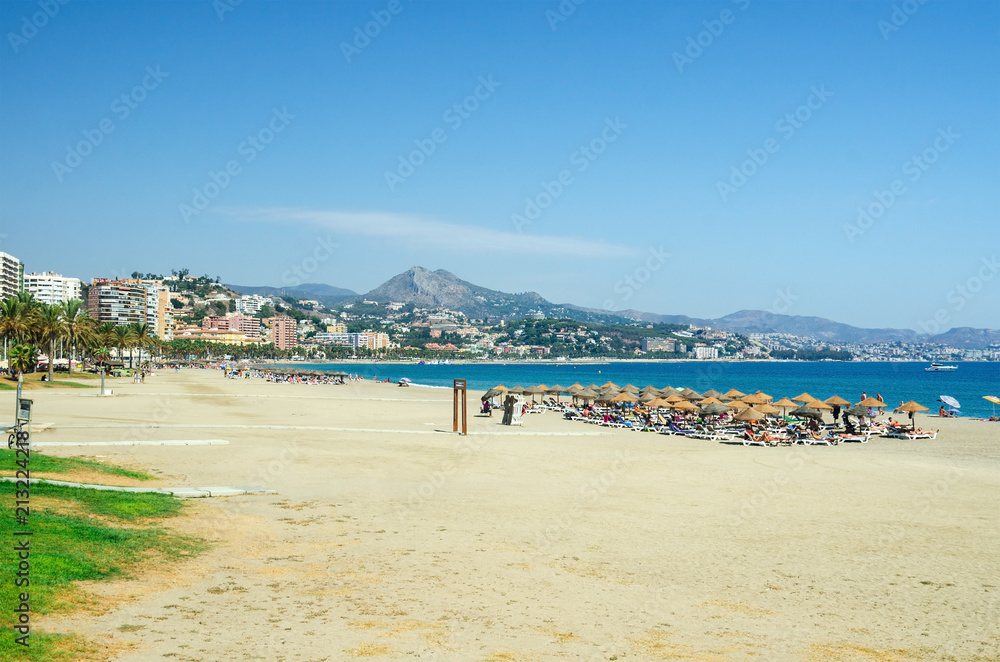 View of Malagueta beach in Malaga city. Andalusia, Costa del Sol, Southern Spain