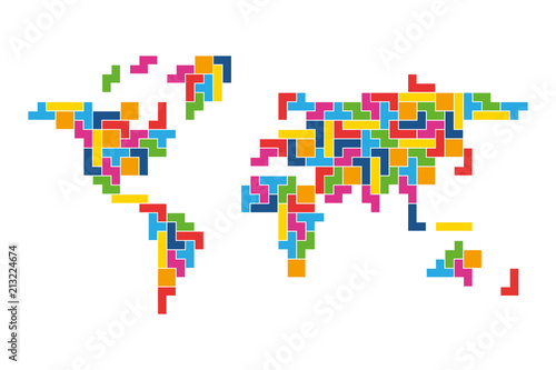 World map mosaic of colorful tetris blocks. Flat vector illustration.