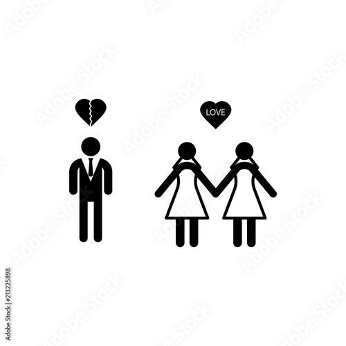 LGBT, lesbian, broken heart, two woman and man love isolated vector icon