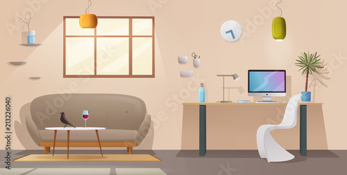 Living room and office interior. Modern apartment scandinavian or loft design. Cartoon vector illustration