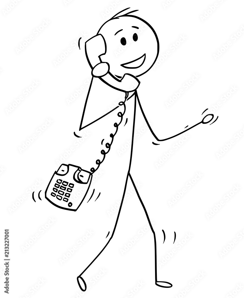 Cartoon stick drawing conceptual illustration of walking man or businessman  making phone call with old table phone instead of mobile cell phone. Stock  Vector | Adobe Stock