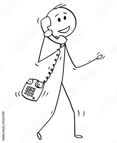 Cartoon stick drawing conceptual illustration of walking man or businessman making phone call with old table phone instead of mobile cell phone.