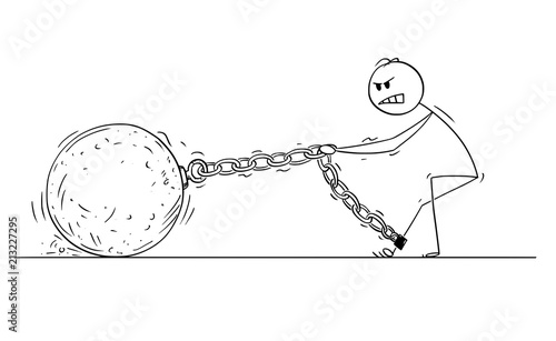 Cartoon stick drawing conceptual illustration of man or businessman pulling hard big Iron ball chained to his leg. There is space for your text on the ball.