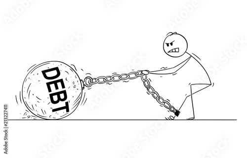 Cartoon stick drawing conceptual illustration of man or businessman pulling hard big Iron ball chained to his leg. Business concept of dept and financial problem.