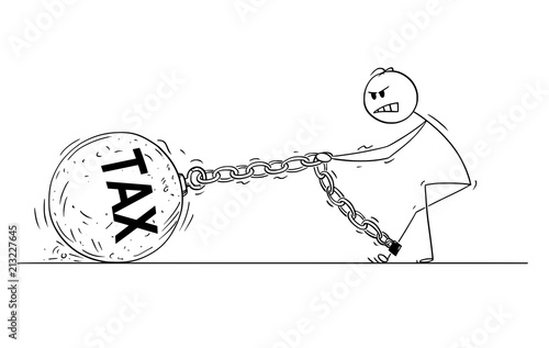 Cartoon stick drawing conceptual illustration of man or businessman pulling hard big Iron ball chained to his leg. Business concept of tax and finance.