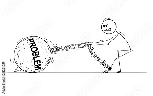 Cartoon stick drawing conceptual illustration of man or businessman pulling hard big Iron ball chained to his leg. Business concept of problem that lie heavy on affected person .