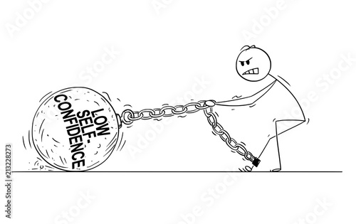 Cartoon stick drawing conceptual illustration of man or businessman pulling hard big Iron ball chained to his leg. Concept of low self-confidence limiting affected person .