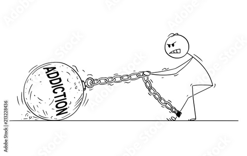Cartoon stick drawing conceptual illustration of man pulling hard big Iron ball chained to his leg. Concept of alcohol, drug or another addiction problem.