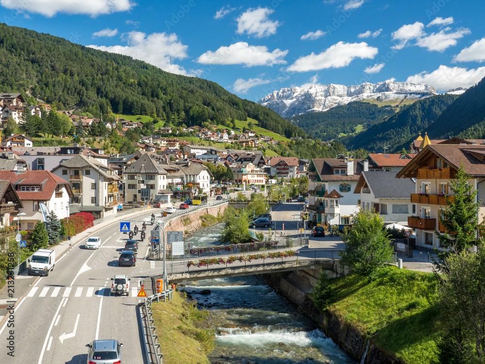 Famous alpine village Ortisei in Trentino, Italy, near by Dolomiti mountains. September, 2017