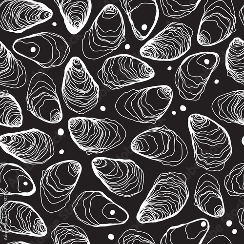 Oysters and Pearls Hand Drawn Seamless Line Pattern on Black