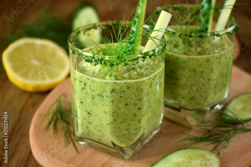 Green gazpacho in a glass. Cold soup of Spanish cuisine