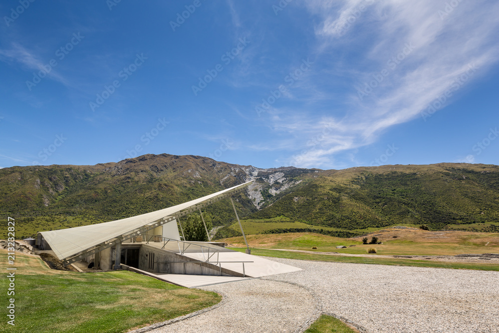 Modern architecture at a winery cellar door near Queenstown, south island, New Zealand