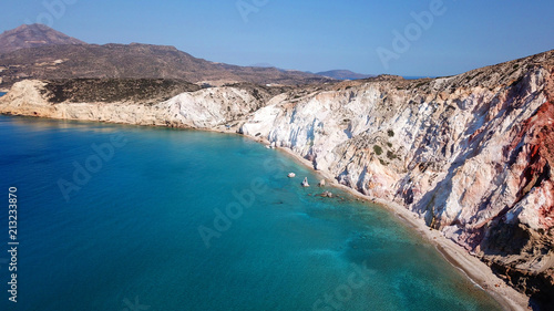 Aerial drone bird s eye view of iconic volcanic white chalk iconic beach of Firiplaka  Milos island  Cyclades  Greece