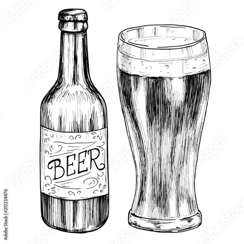 Beer vintage hand drawn etching sketch isolated on white background, bottle with a glass. Vector illustration.