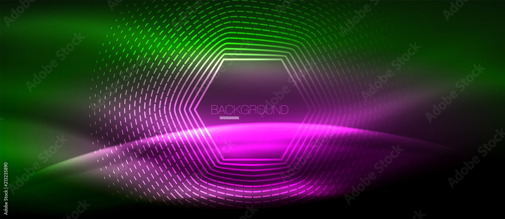 Neon glowing wave, magic energy and light motion background. Wallpaper template, hi-tech future concept