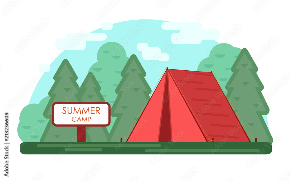 Red tent. Green Summer camp background. Vector geometric flat trend  illustration. Nature tourism, camping or hiking design concept. Template  for print emblem, tourist vacations poster in the forest. Stock Vector |  Adobe