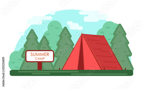 Red tent. Green Summer camp background. Vector geometric flat trend illustration. Nature tourism, camping or hiking design concept. Template for print emblem, tourist vacations poster in the forest. 