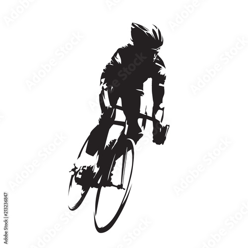 Cycling, road cyclist on his bike, isolated vector silhouette. Ink drawing, front view photo