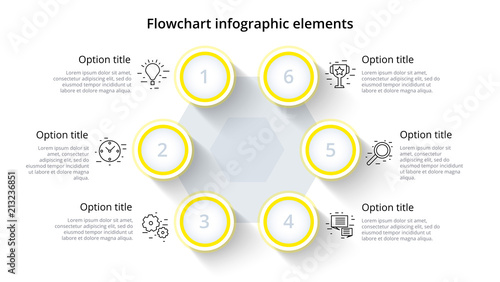 Business process chart infographics with 6 step segments. Circular corporate timeline infograph elements. Company presentation slide template. Modern vector info graphic layout design.